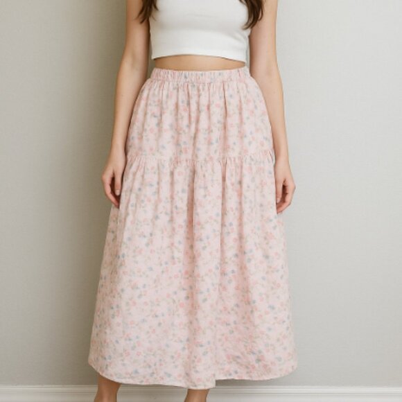 Altar'd State Cottagecore Tiered Maxi Skirt XL Pink Floral Boho Romantic Prairie - Picture 1 of 10